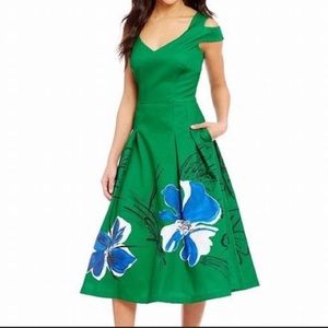Kay Unger Faille Cold-shoulder Tea-length Dress